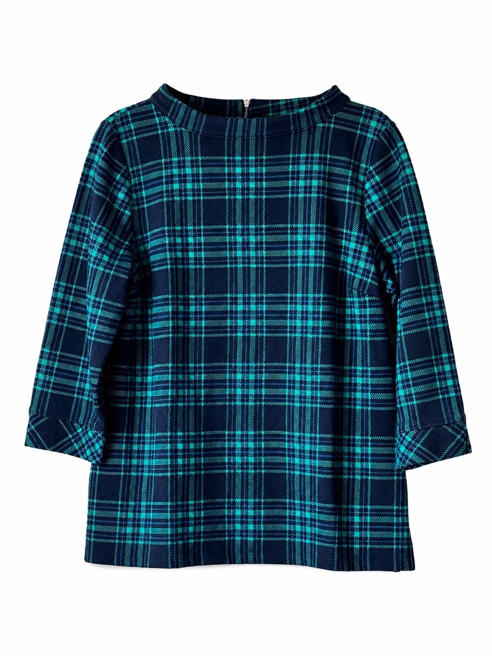 Talbots Plaid Top Large Navy Teal 3/4 Sleeve Boat Neck Cotton Blend Career